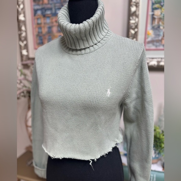 RALPH LAUREN SPORT Light Green Classic Cropped Raw Hem Turtleneck Sweater Sz L - Picture 3 of 6